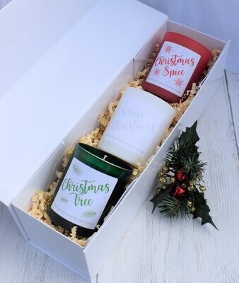Gift box of 3 Christmas Scented Candles. Luxury Soy Wax Candles in box. 35 hour burn.