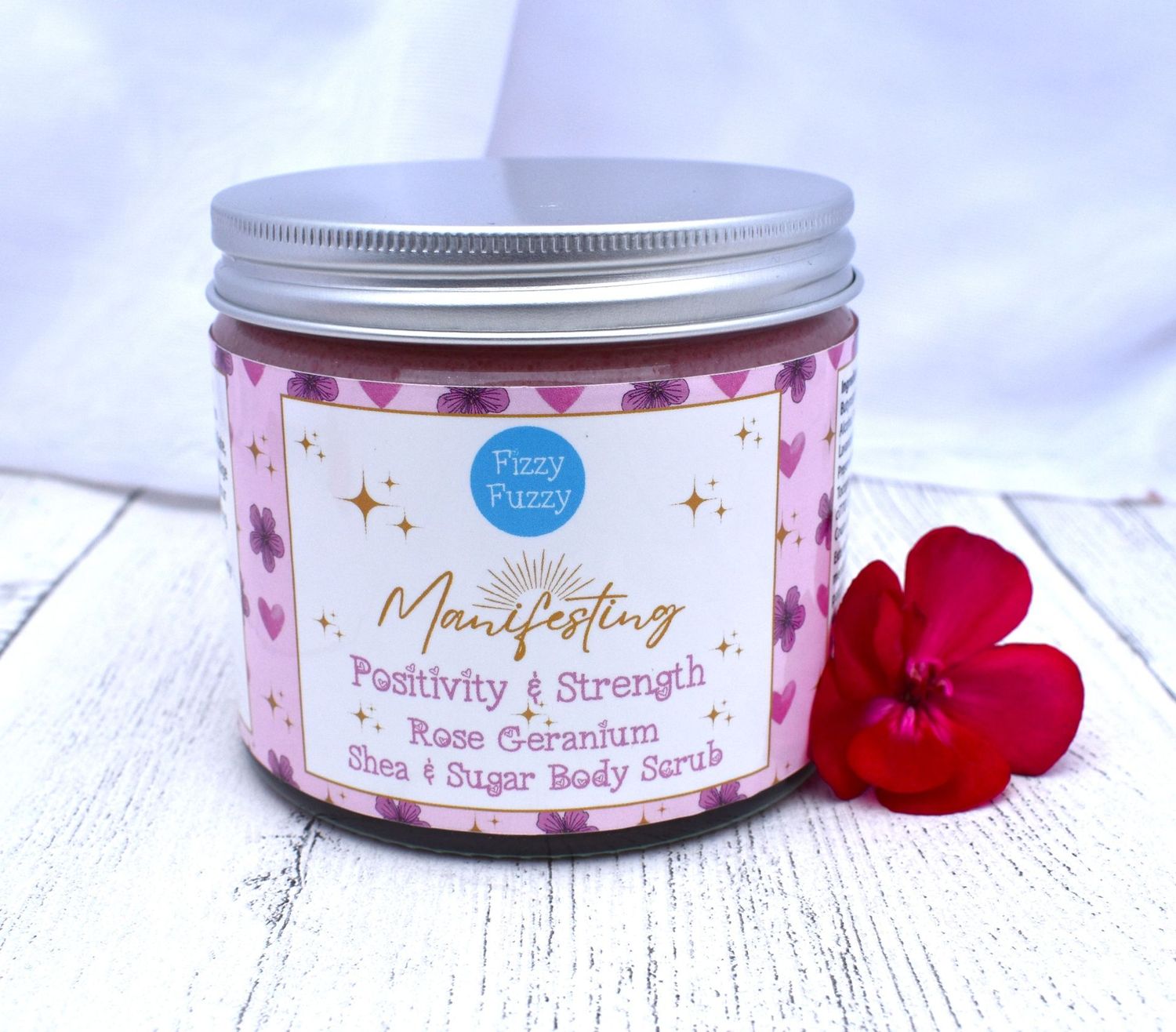 Fizzy Fuzzy Rose Geranium Exfoliating Shea & Sugar Body Scrub | Manifesting Positivity & Strength  | Body Polish | Sugar Scrub | Vegan | Plastic Free | Handmade by Fizzy Fuzzy