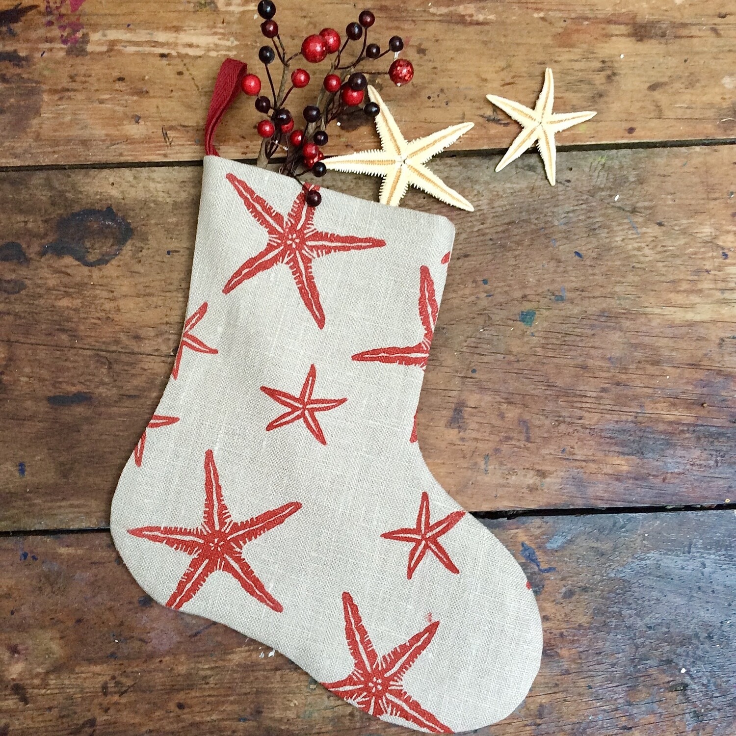 Christmas Bootees - Starfish 
Nordic Red on light oatmeal linen