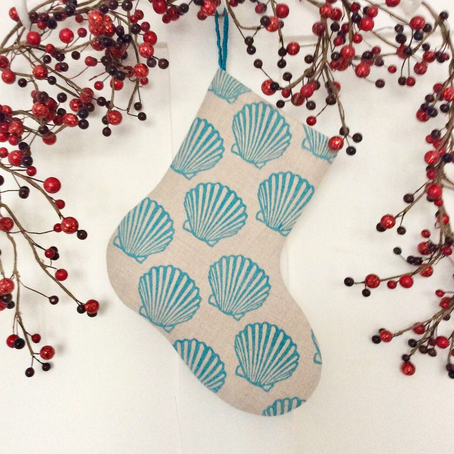 Christmas Bootees - Scallop Shell
Teal on natural linen