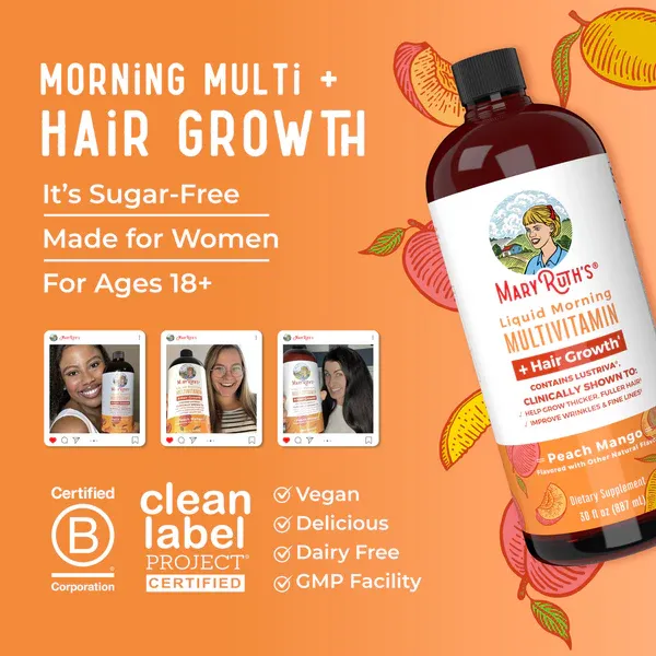 MaryRuth&#39;s Liquid Multivitamin + Lustriva® Hair Growth Thickness in Women&#39;s hair Biotin 10000mcg Vitamin D B Vitamins Ages 18+ 30 fl oz