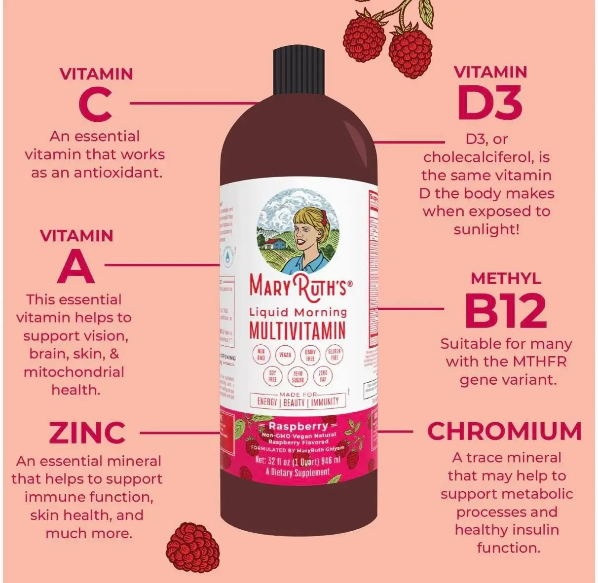 MaryRuth&#39;s Multivitamin, Unisex, 32 Fl Oz, Vegan, Non-GMO, Vitamins C and D