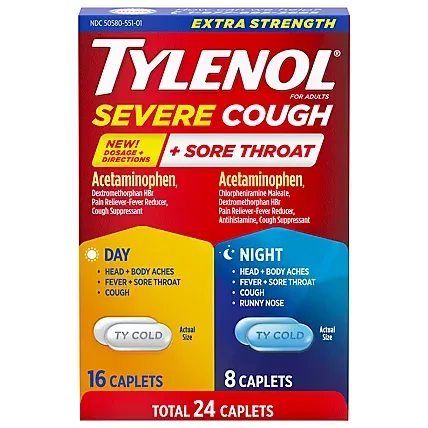 Tylenol Cold + Flu Severe Caplets for Multi-Symptom Relief, 24 Count. Tylenol Cold + Flu Severe Caplets for Multi-Symptom Relief, 24 Count.