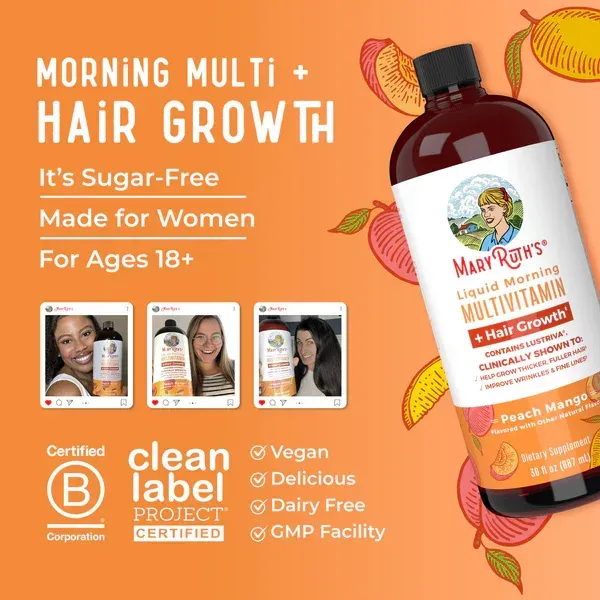 MaryRuth's Liquid Multivitamin + Lustriva® Hair Growth Thickness in Women's hair Biotin 10000mcg Vitamin D B Vitamins Ages 18+ 30 fl oz