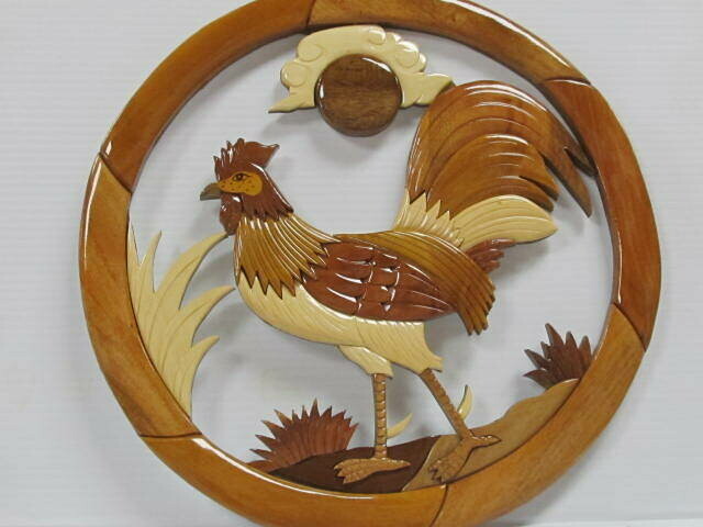 WOODEN INTARSIA ROOSTER WALL PLAQUE