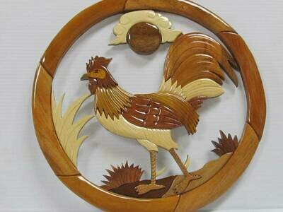 WOODEN INTARSIA ROOSTER WALL PLAQUE