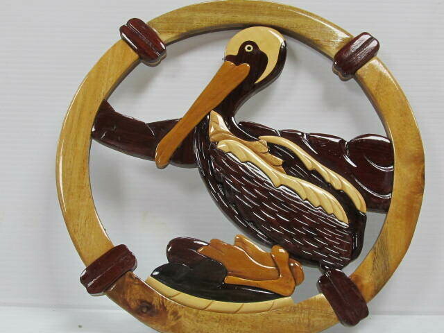 INTARSIA  PELICAN IN RED COLOR WALL PLAQUE