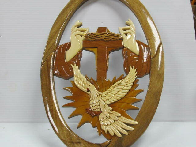 CROSSED WITH DOVE INTARSIA WALL PLAQUE