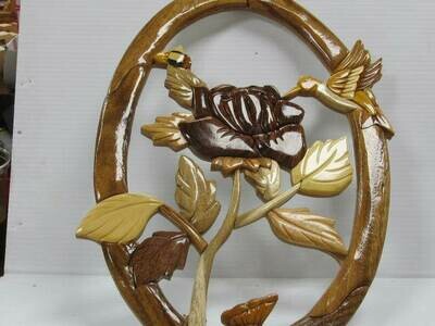 THE ROSE &amp; HUMING BIRD INTARSIA WALL PLAQUE