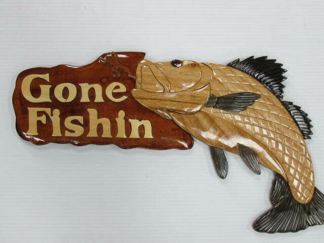 GONE FISHING INTARSIA WALL PLAQUE