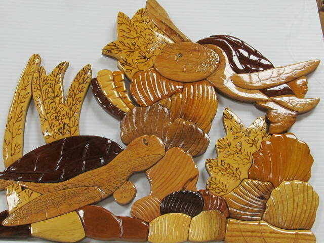 2 SEA TURTLES WITH CORAL REEF INTARSIA WALL PLAQUE