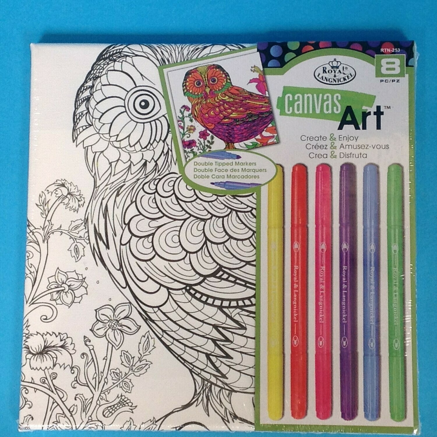Canvas, owl with double tipped marker pens