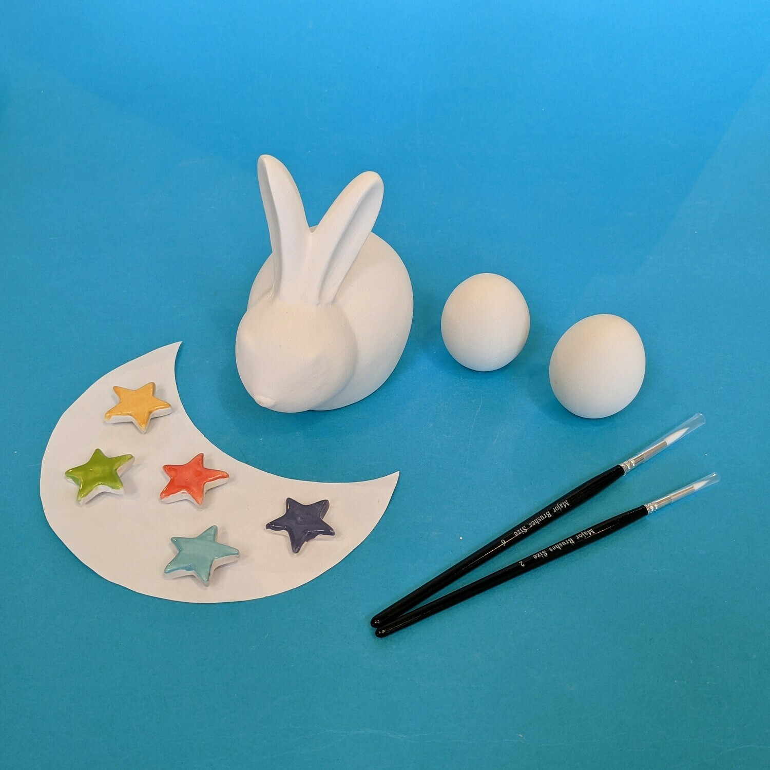 Rabbit, long earred, 2 mini eggs, glazes and brushes