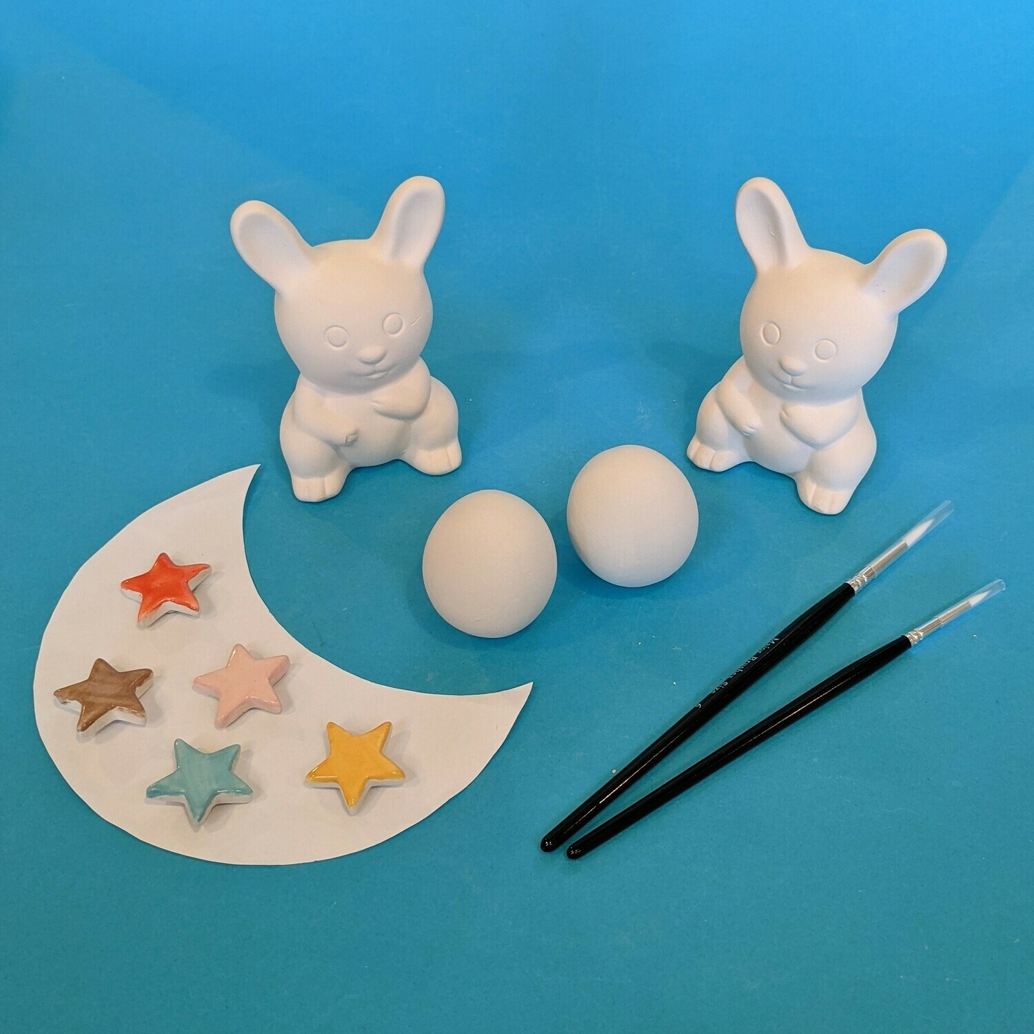 2 Nibbles rabbits, 2 mini eggs, glazes and brushes