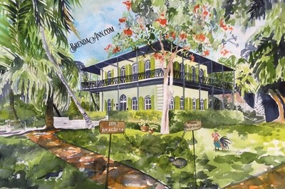 Key West Wall Art of Hemingway Home &amp; Museum Watercolor Print Coastal Art Print Beach House Decor Vibrant Art Add a Pop of Color to Any Room