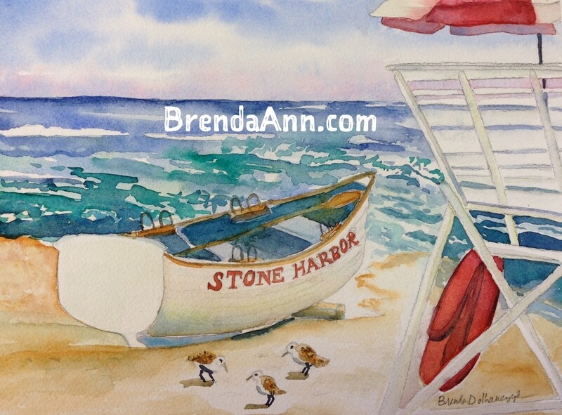 Stone Harbor Art - Lifeguard Boat on the Beach Watercolor Print