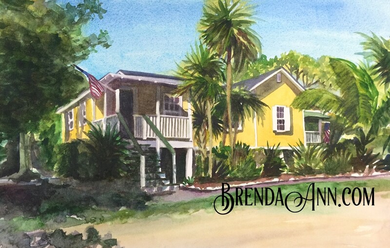 Key West Tropical Art - Pigeon Key Yellow Cottage Watercolor Print