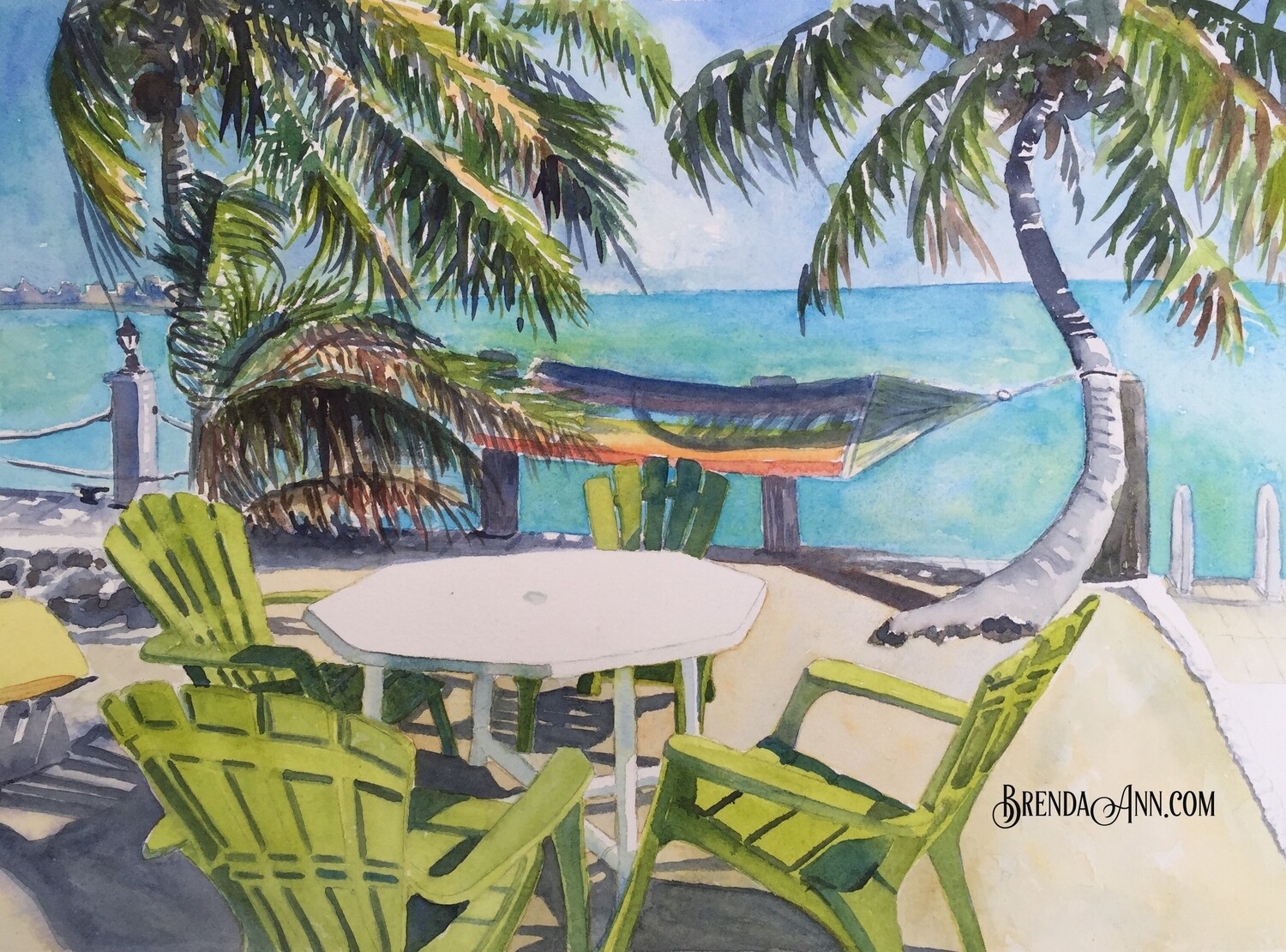 Key West Tropical Art - Backyard Hammock Watercolor Print