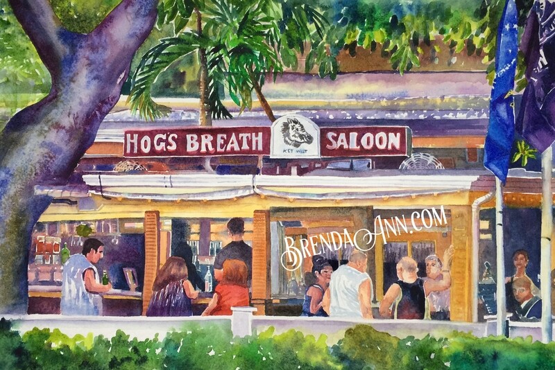Key West Tropical Art - Hog's Breath Saloon Watercolor Print