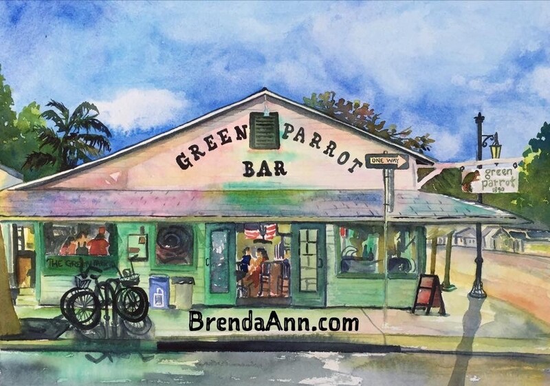 Key West Tropical Art - Green Parrot Bar Watercolor Print