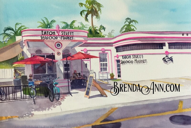 Key West Tropical Art - Eaton Street Seafood Market Watercolor Print
