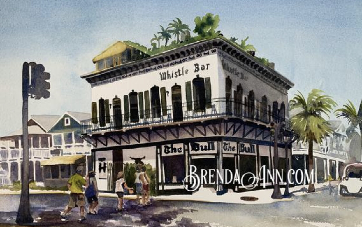 Key West Tropical Art - The Bull and Whistle Bar Watercolor Print