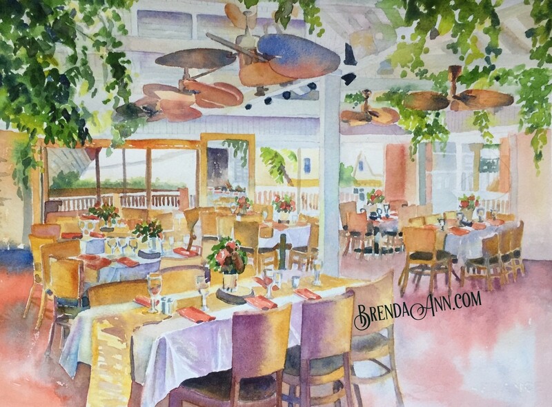 Key West Tropical Art - 
Rooftop Cafe Watercolor Print