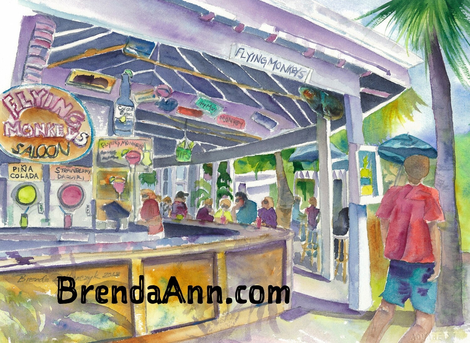 Key West Tropical Art - Flying Monkeys Saloon Watercolor Print