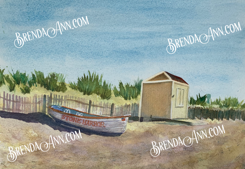 Stone Harbor Art - Lifeguard Boat on the Beach Watercolor Print