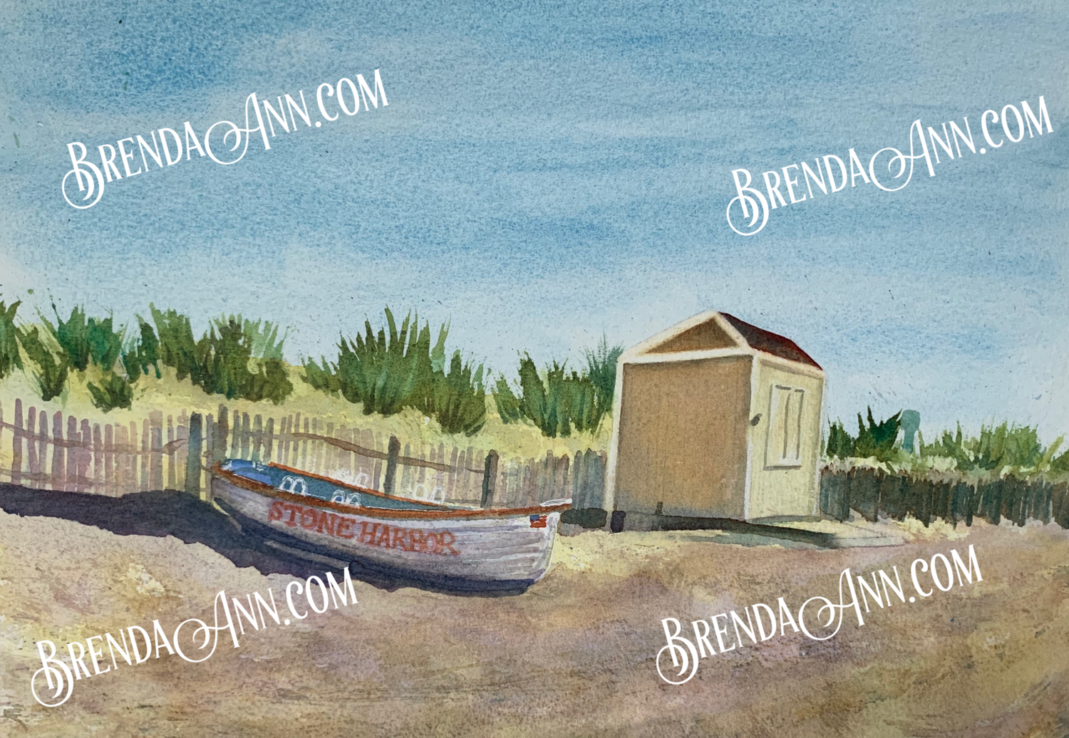 Lifeguard Boat on the Beach (Second Version) in Stone Harbor, NJ - Hand Signed Archival Watercolor Print