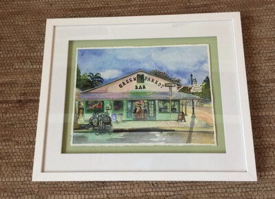 Green Parrot Bar in Key West - Hand Signed FRAMED ORIGINAL Watercolor Painting