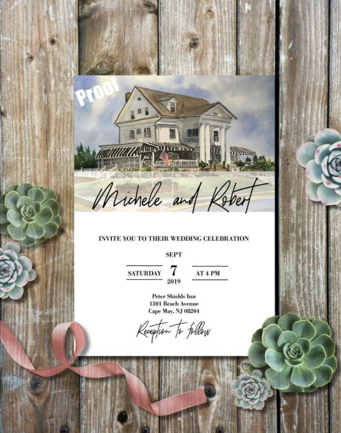 Peter Shields Inn in Cape May, NJ - Wedding Invitations on Luxurious Paper with Envelopes - Set of 25 - Watercolor Invitation 