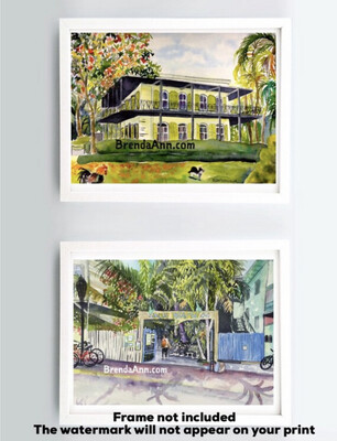 Ernest Hemingway Home &amp; Museum Watercolor Print - Key West Florida Keys Beach House Art Wedding Gift (and Blue Heaven)