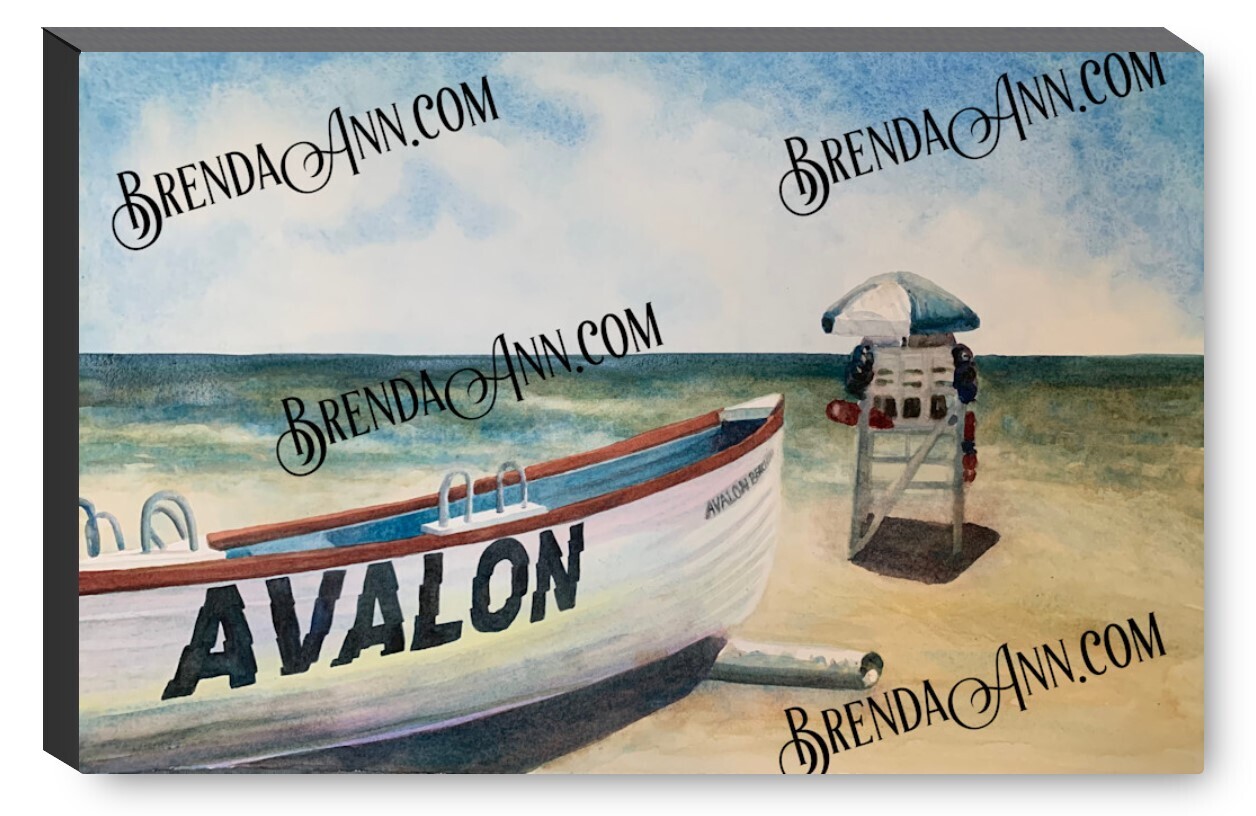 Avalon NJ Lifeguard Boat on the Beach Canvas Gallery Wrapped Print - Watercolor Art - Ready to hang on a wall
