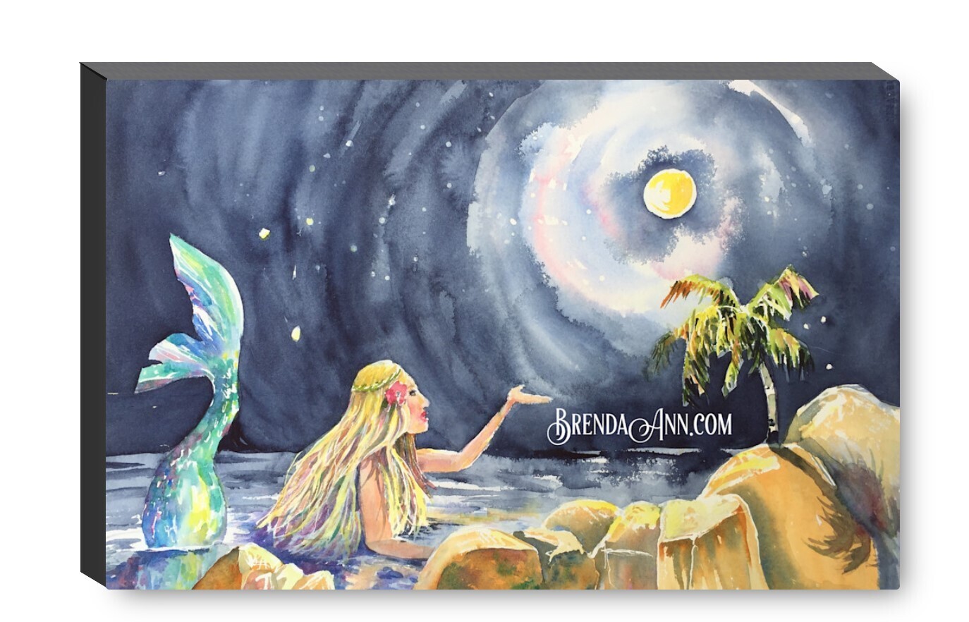 Moonglow Mermaid Canvas Gallery Wrapped Print - Watercolor Art - Ready to hang on a wall