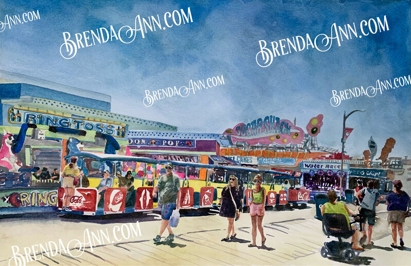 Wildwood Art - Tramcar on the Boardwalk Watercolor Print