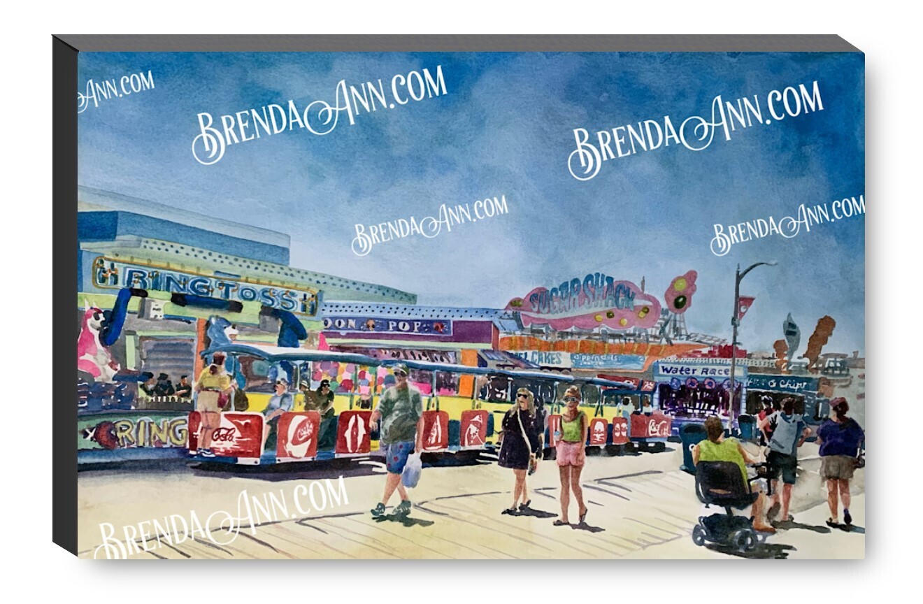 Tramcar  on the Boardwalk Watercolor Print - 1.25" Deep Canvas Gallery Wrapped Wildwood New Jersey Beach House Art Gift