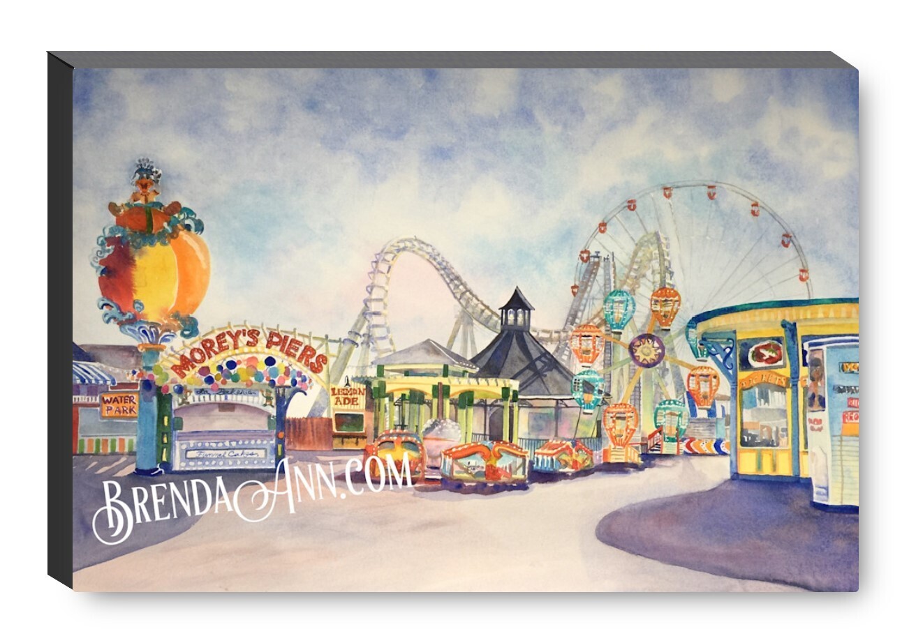 Morey's Piers on the Boardwalk in Wildwood New Jersey Canvas Gallery Wrapped Print - Watercolor Art - Ready to hang on a wall