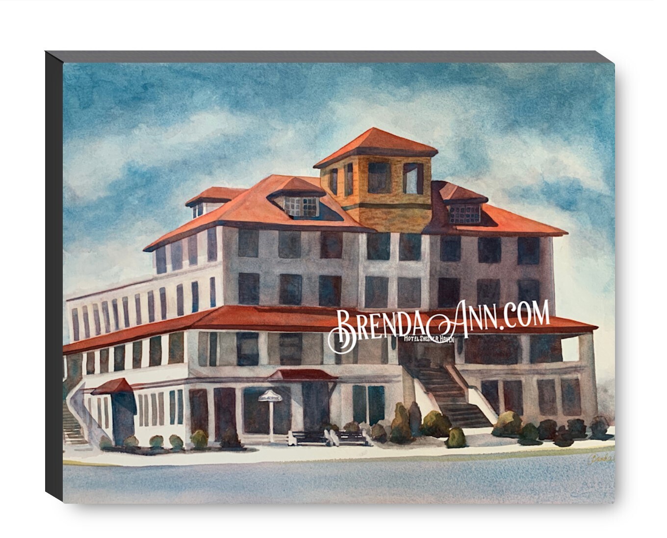 Hotel Shelter Haven Vintage Stone Harbor Canvas Gallery Wrapped Print - Watercolor Art - Ready to hang on a wall