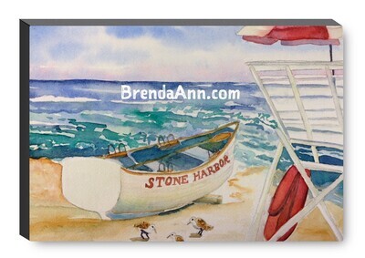Lifeguard Boat on the Beach (First Version) in Stone Harbor NJ Canvas Gallery Wrapped Print - Watercolor Art - Ready to hang on a wall