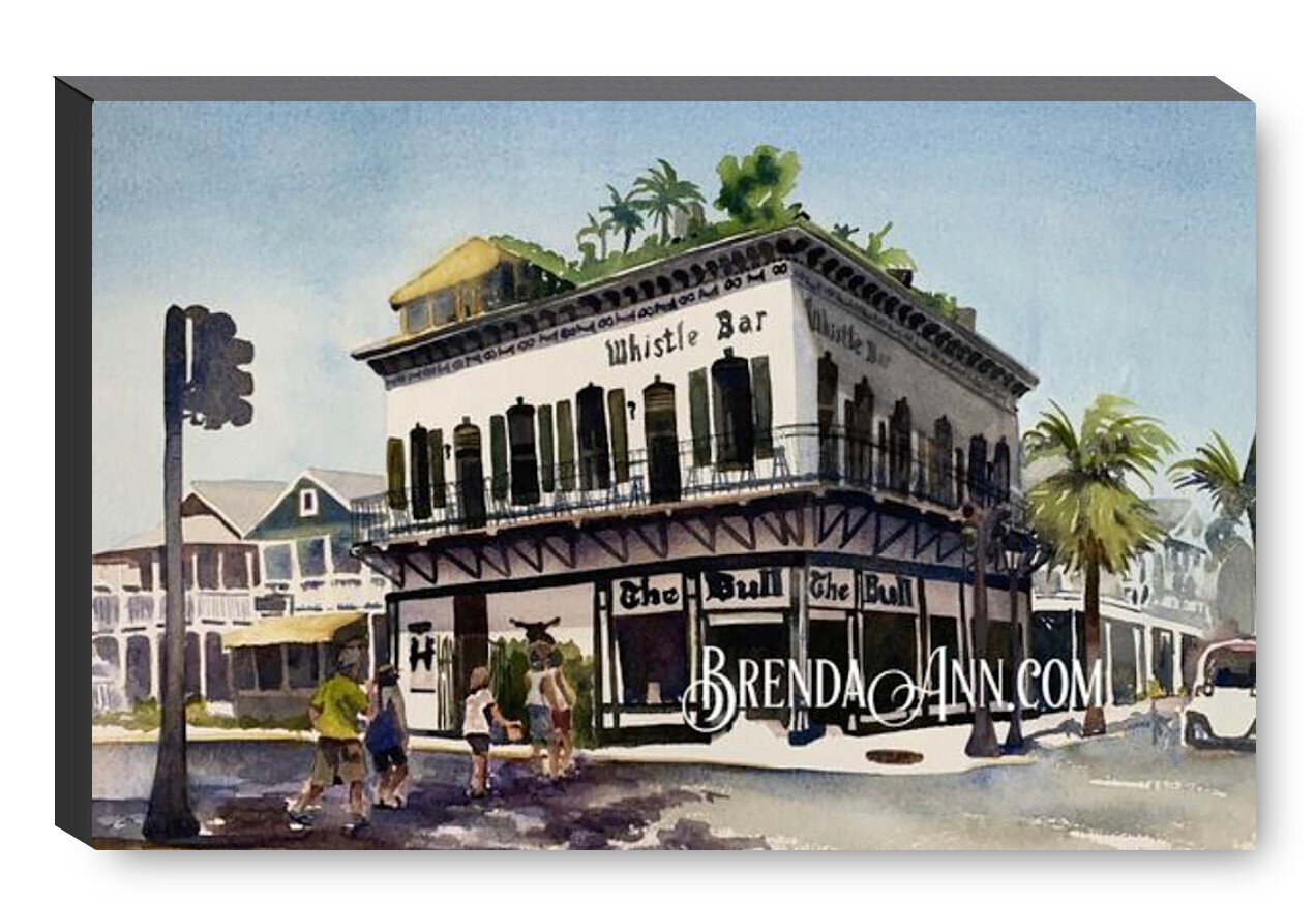 The Bull and Whistle Bar Watercolor Print - 1.25" Deep Canvas Gallery Wrapped Key West Florida Keys Beach House Art Gift