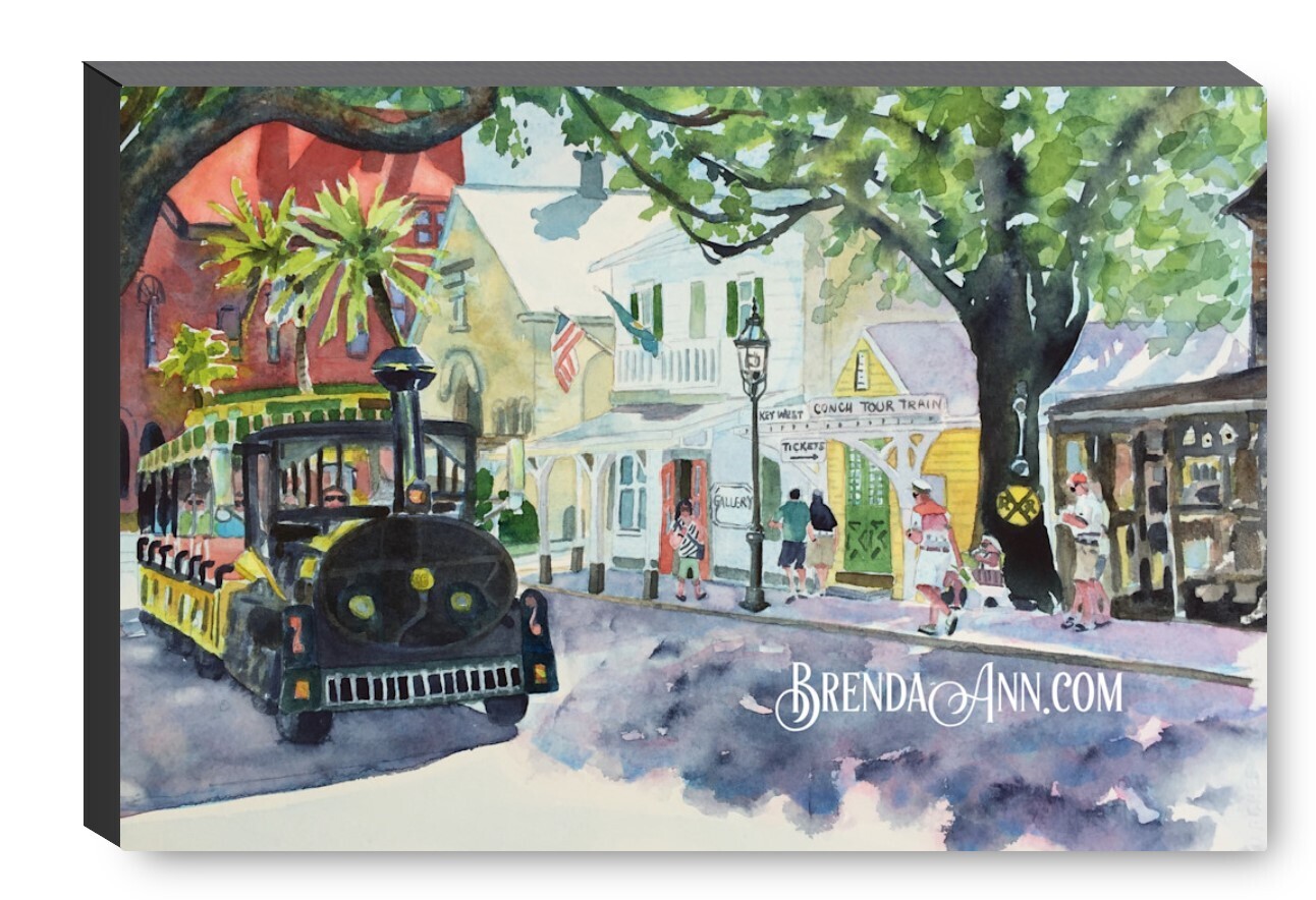 Conch Train Key West Canvas Gallery Wrapped Print - Watercolor Art - Ready to hang on a wall