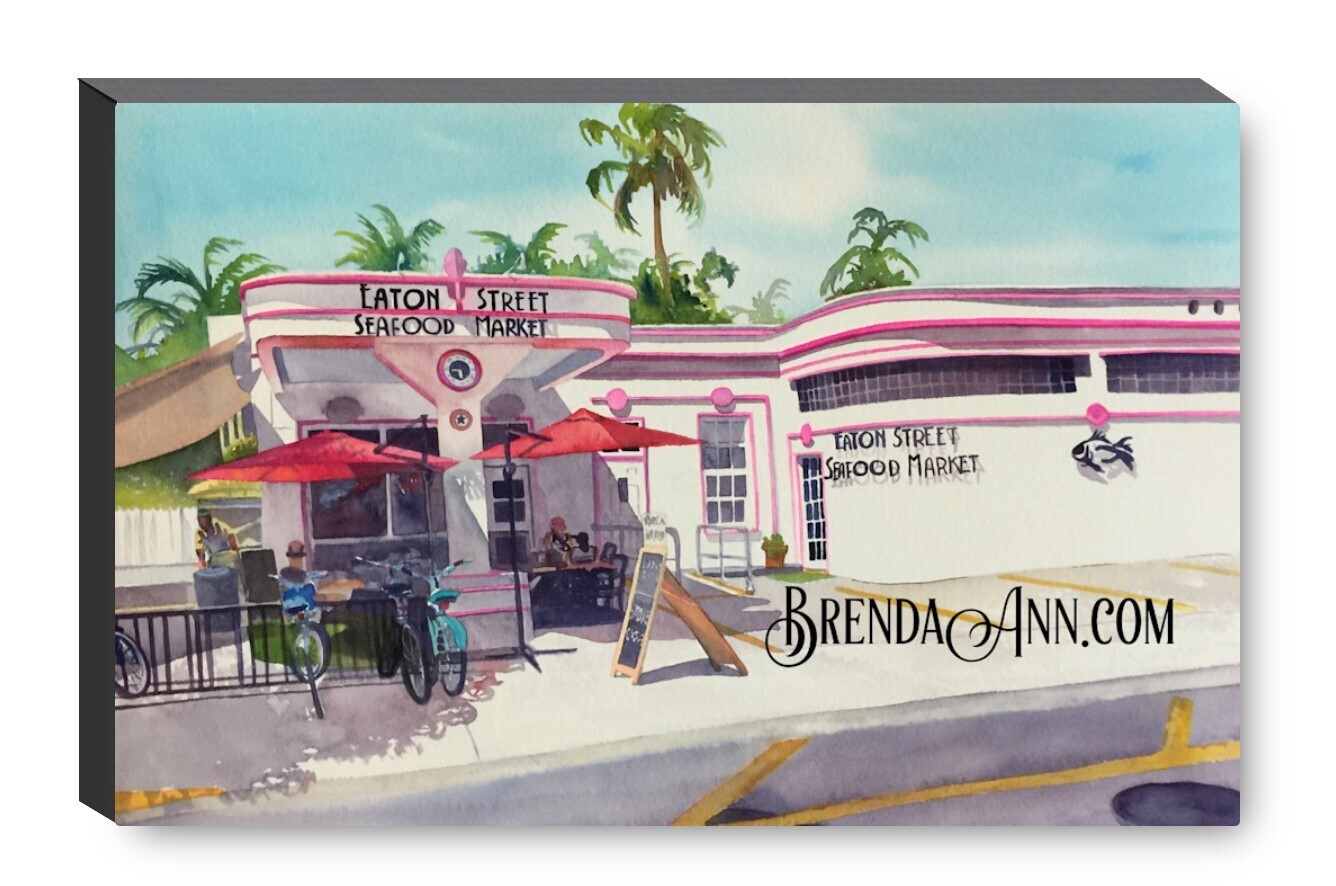 Eaton Street Seafood Market and Restaurant Key West Canvas Gallery Wrapped Print - Watercolor Art - Ready to hang on a wall