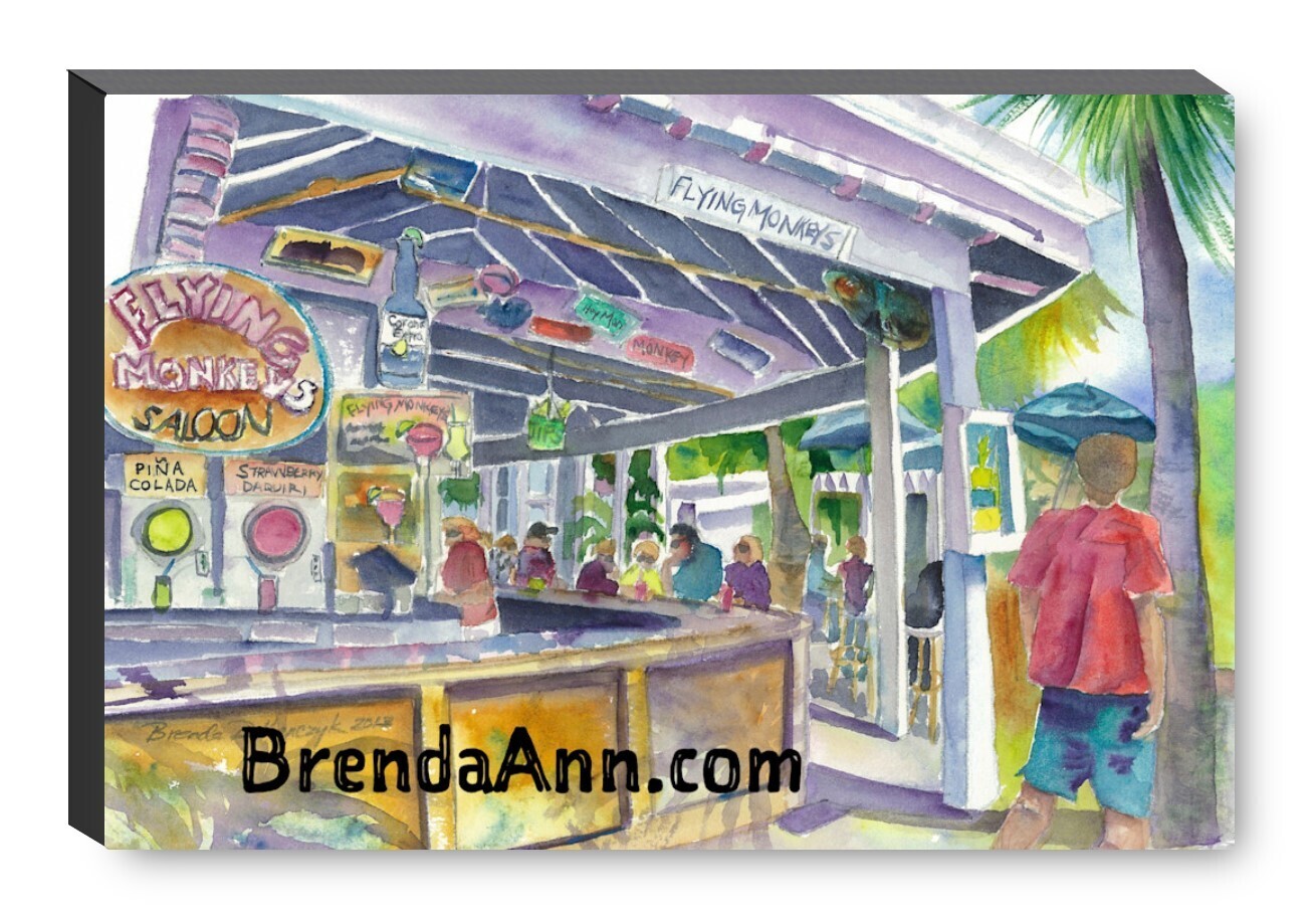 Flying Monkeys Saloon Key West Canvas Gallery Wrapped Print - Watercolor Art - Ready to hang on a wall