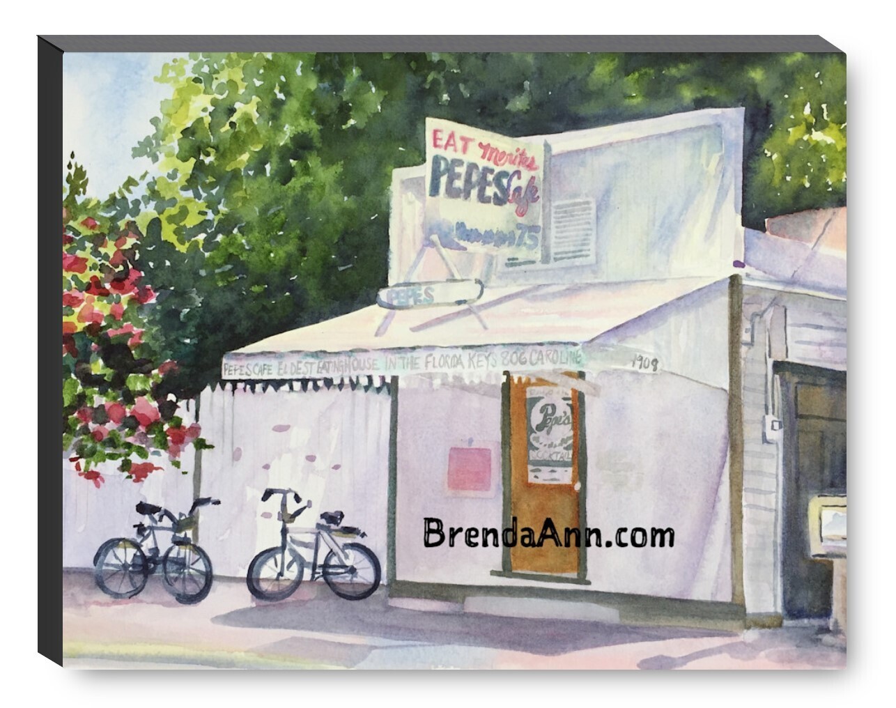 Pepe's Cafe Watercolor Print - 1.25" Deep Canvas Gallery Wrapped Key West Florida Keys Beach House Art Gift