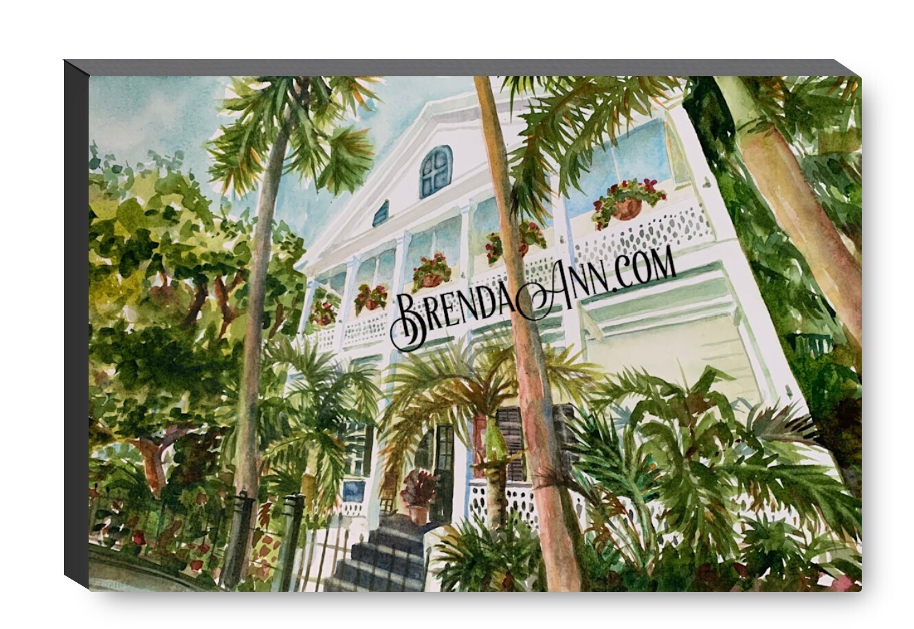 Old Town Manor Key West Canvas Gallery Wrapped Print - Watercolor Art - Ready to hang on a wall