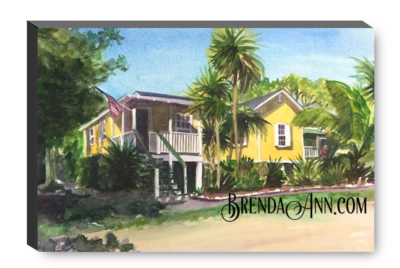 Pigeon Key Yellow Cottage Marathon Florida Canvas Gallery Wrapped Print - Watercolor Art - Ready to hang on a wall