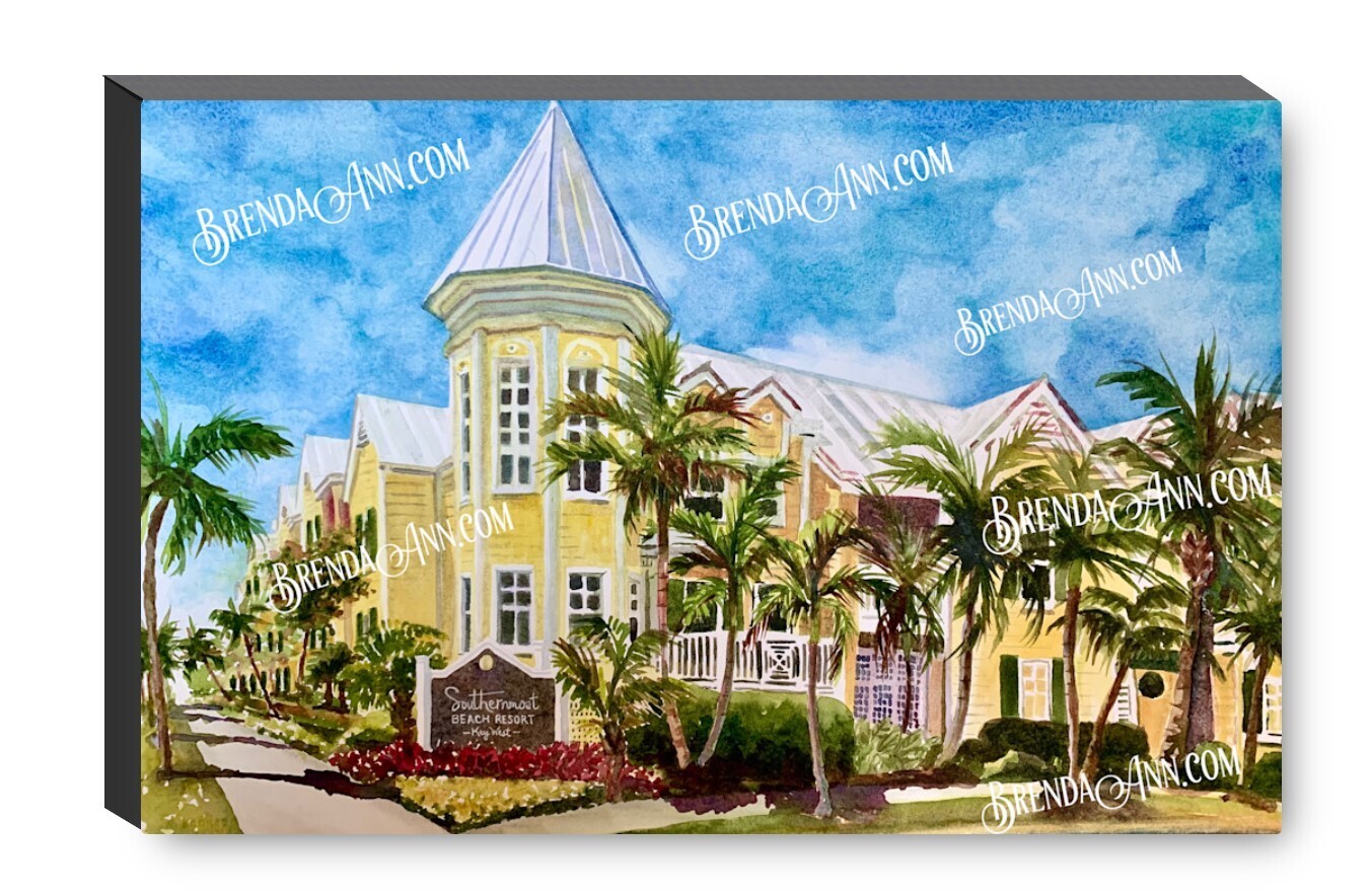 Southernmost Beach Resort Watercolor Print - 1.25" Deep Canvas Gallery Wrapped Key West Florida Keys Beach House Art Gift