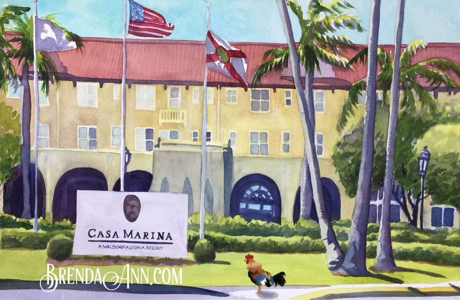 Key West Tropical Art - Casa Marina with Rooster Watercolor Print