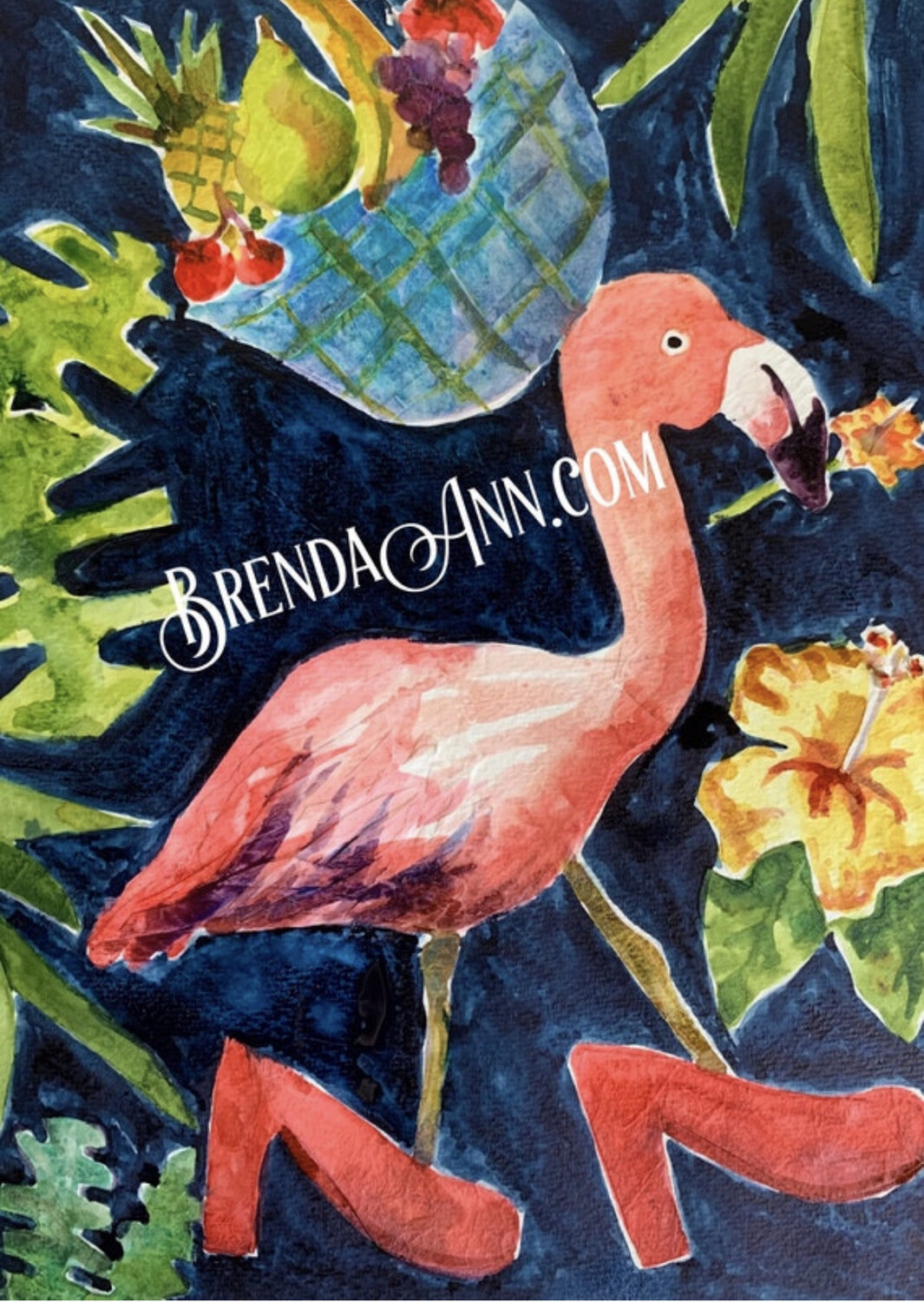 Key West Tropical Art - Whimsical Flamingo Watercolor Print